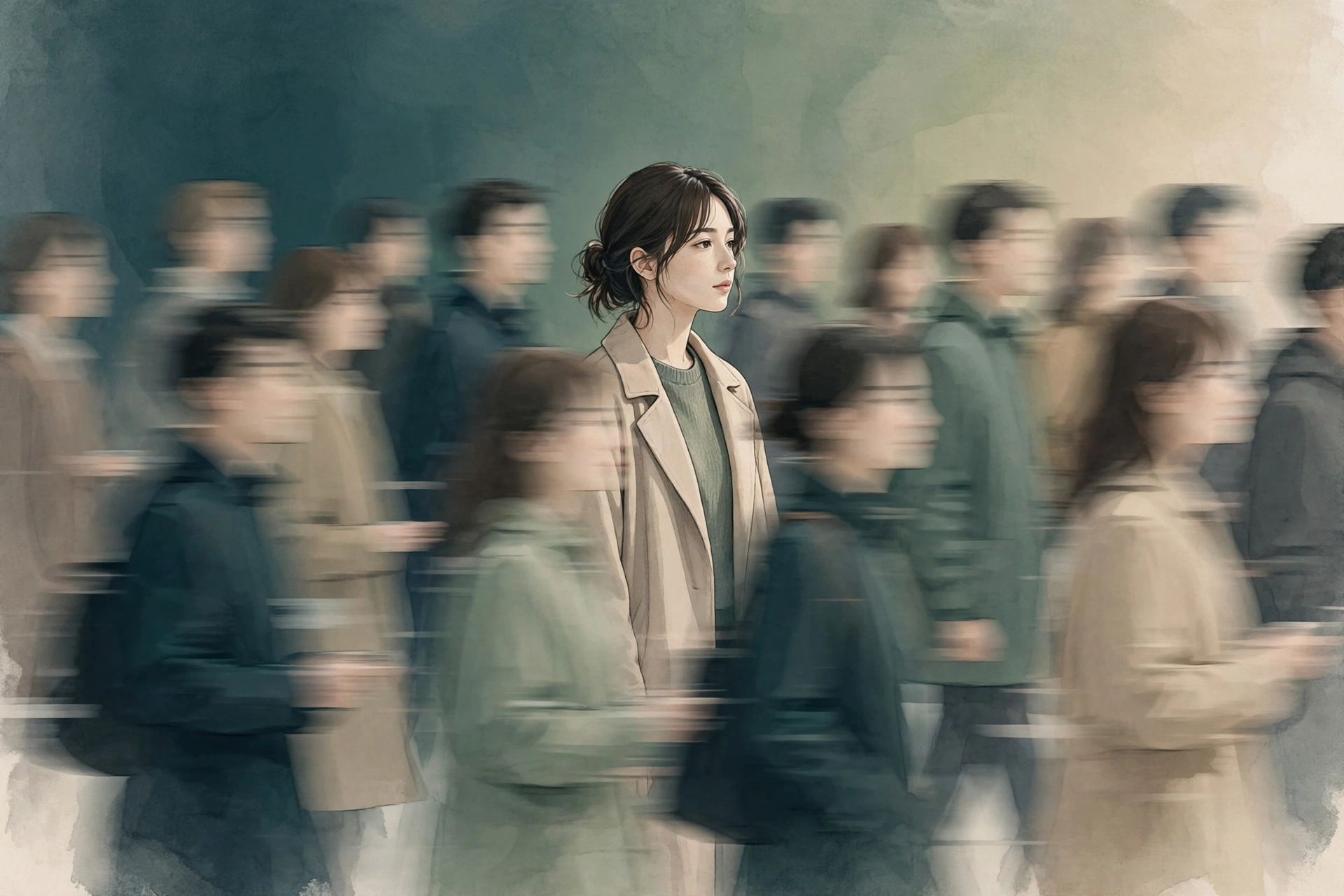 Illustration of a lone figure surrounded by a crowd, feeling lonely in a crowd