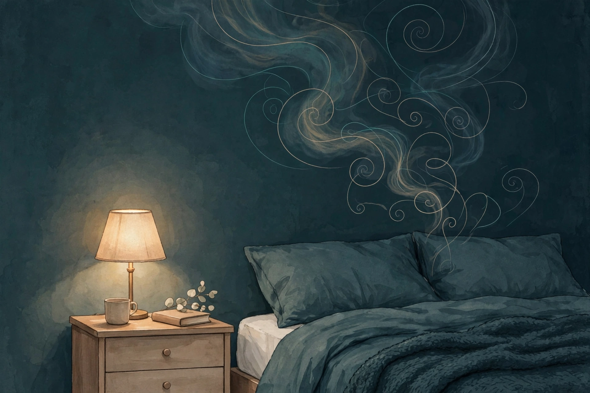 Illustration of a person lying awake in bed at night, overthinking